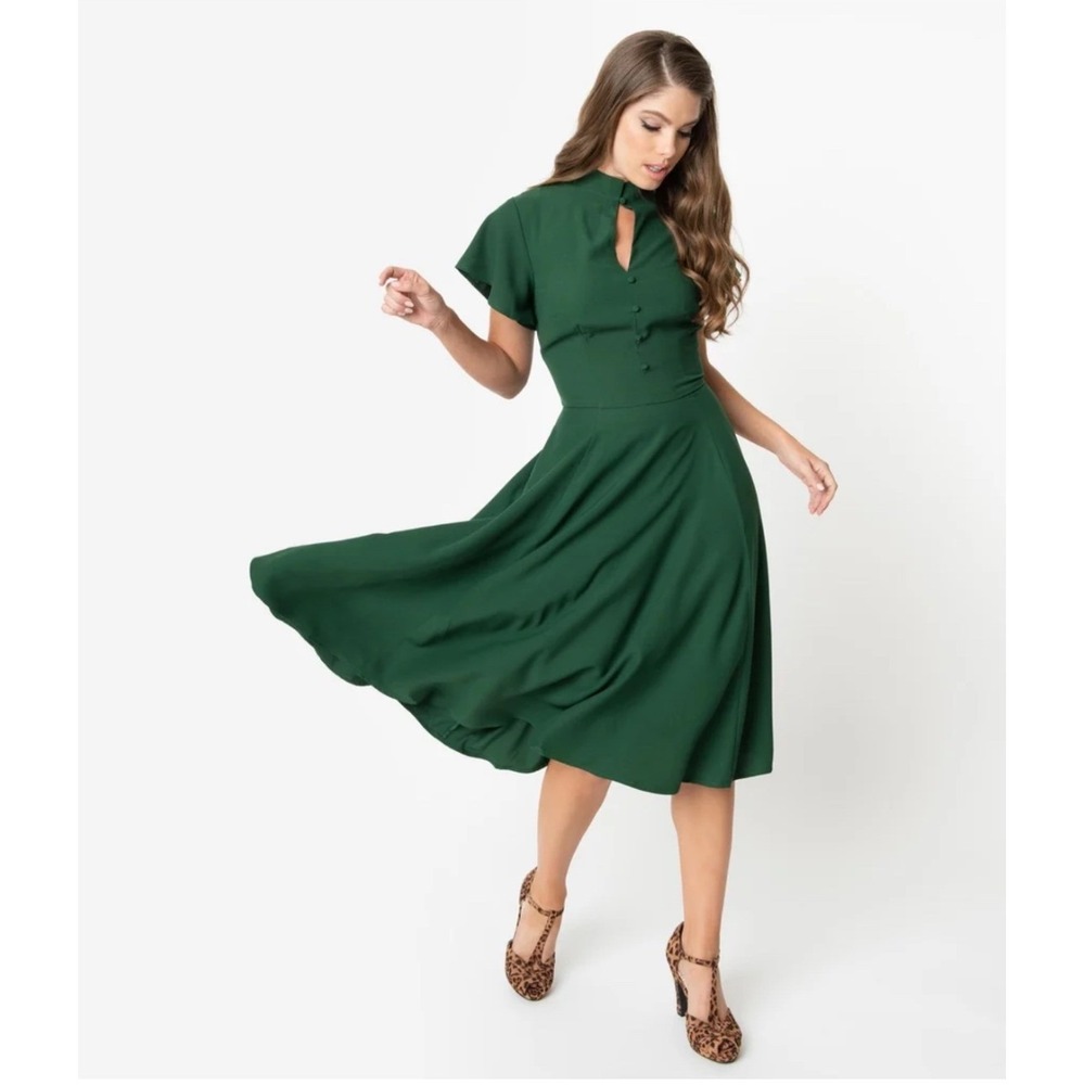 Unique Vintage Green Mock Neck Keyhole Midi Dress Flutter Sleeve Pockets Size L
